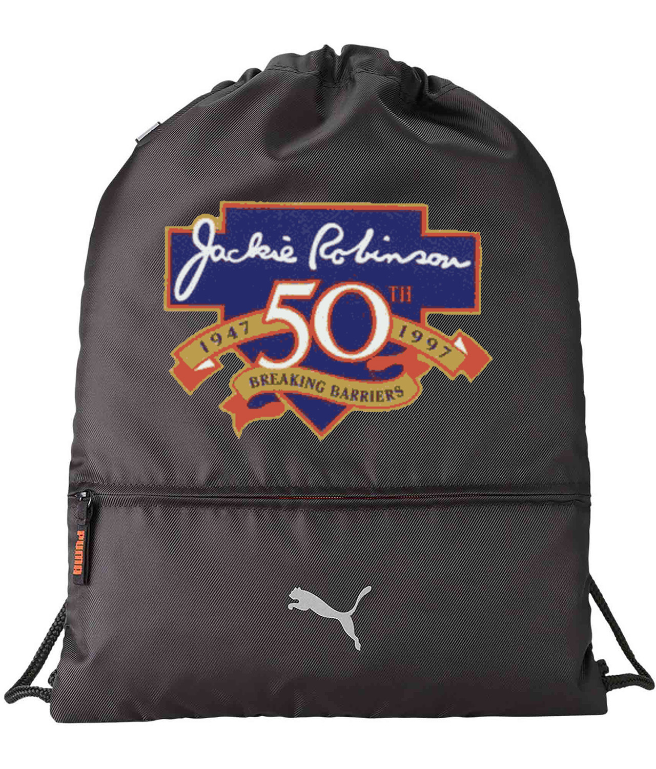 Major League Baseball 50th Anniversary Of The Jackie Robinson's Debut Logo Symbol Emblem Customized Design on Lightweight Drawstring Backpack Bag