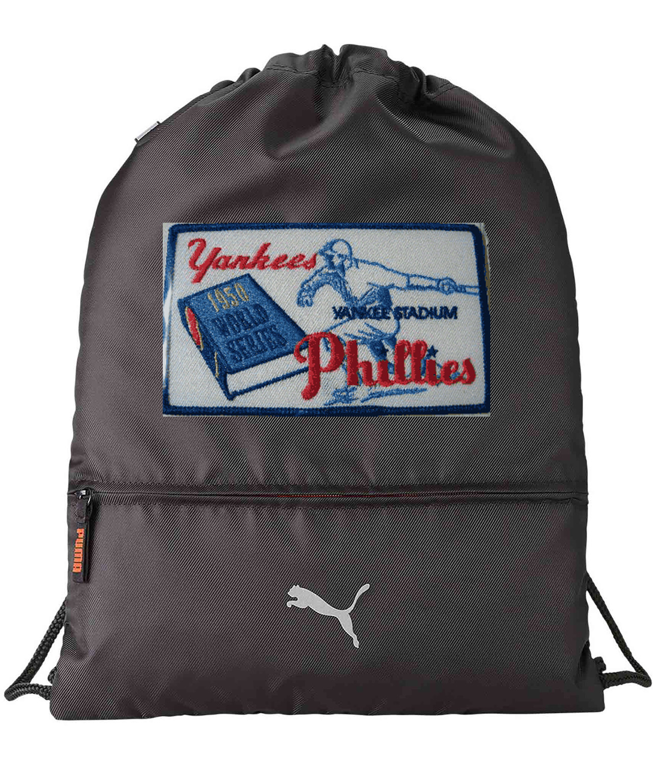1950 MLB World Series Patch New York Yankees vs Philadelphia Phillies Baseball Logo Emblem Customized Design on Lightweight Drawstring Backpack Bag