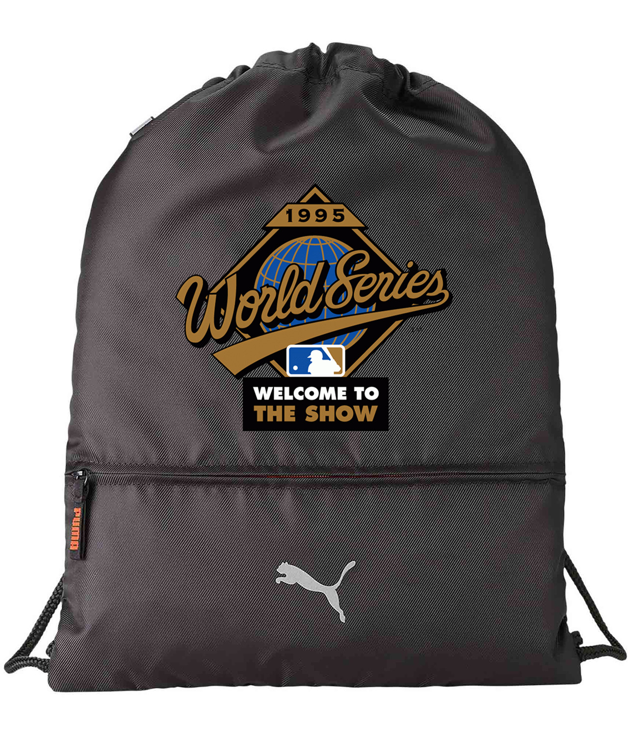 MLB World Series Welcome To The Show 1995 Alternate Baseball Logo Symbol Emblem Customized Design on Lightweight Drawstring Backpack Bag