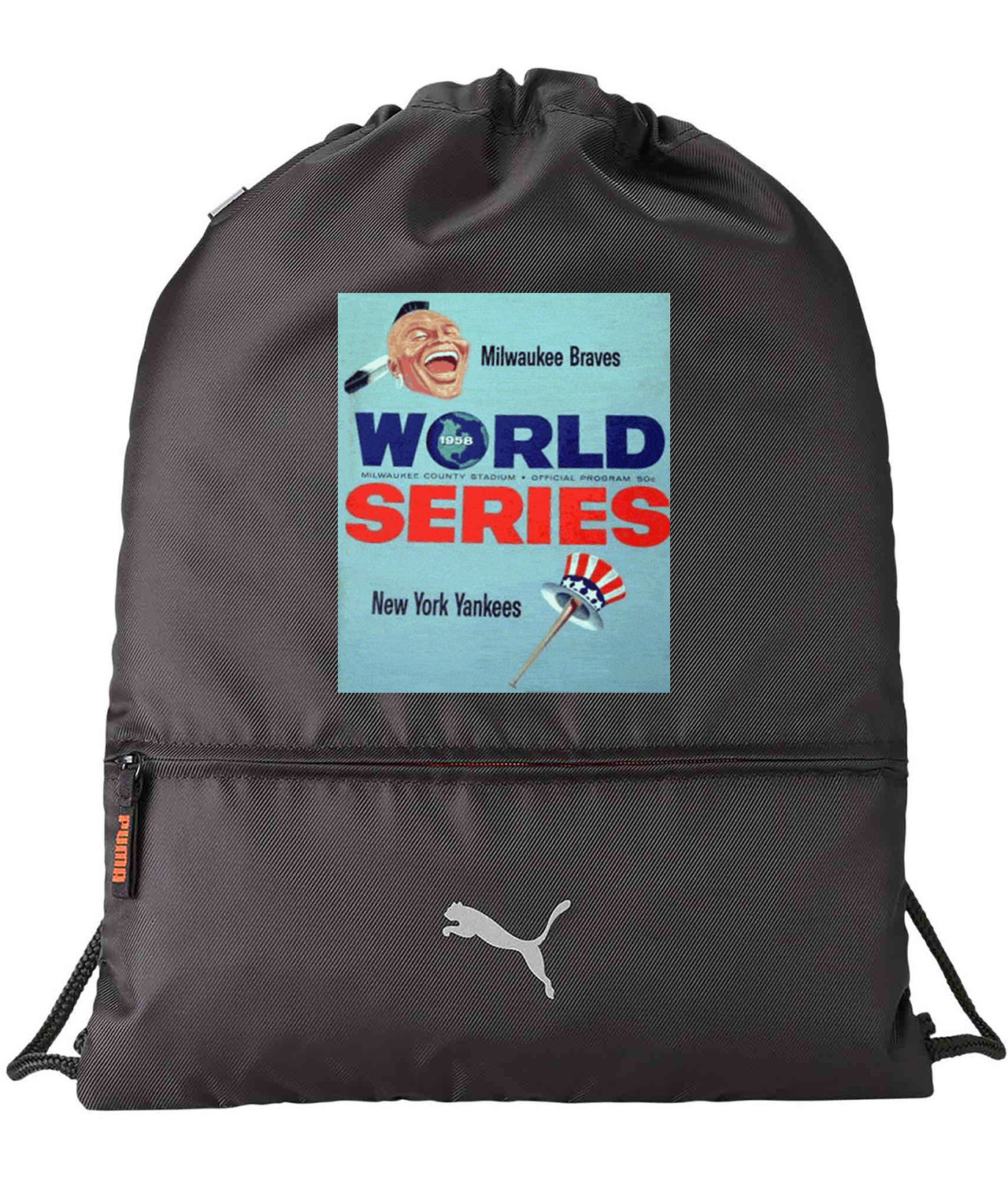 MLB World Series Program 1958 New York Yankees vs. Milwaukee Braves Baseball Logo Emblem Customized Design on Lightweight Drawstring Backpack Bag