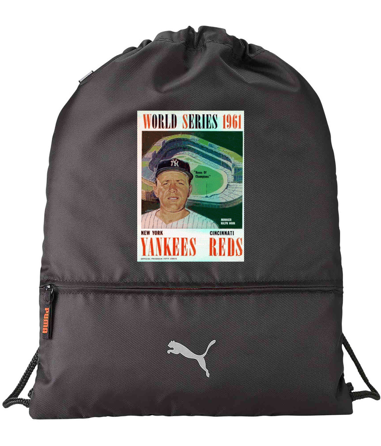 MLB World Series Program 1961 New York Yankees vs. St Louis Cardinals Baseball Logo Emblem Customized Design on Lightweight Drawstring Backpack Bag