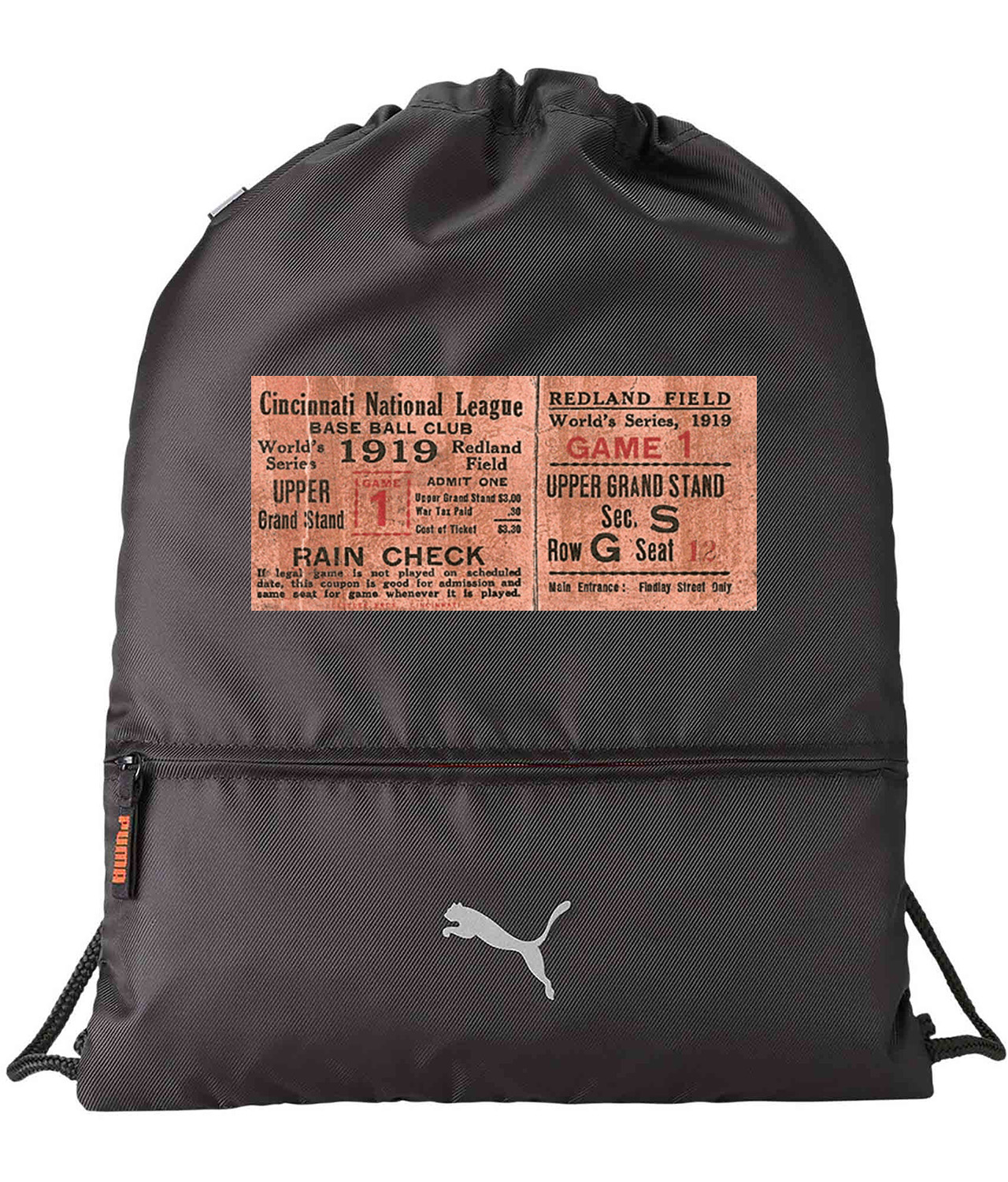 MLB World Series Ticket Stub Game 1 - Chicago White Sox Cincinnati Reds Baseball Logo Customized Design on Lightweight Drawstring Backpack Bag
