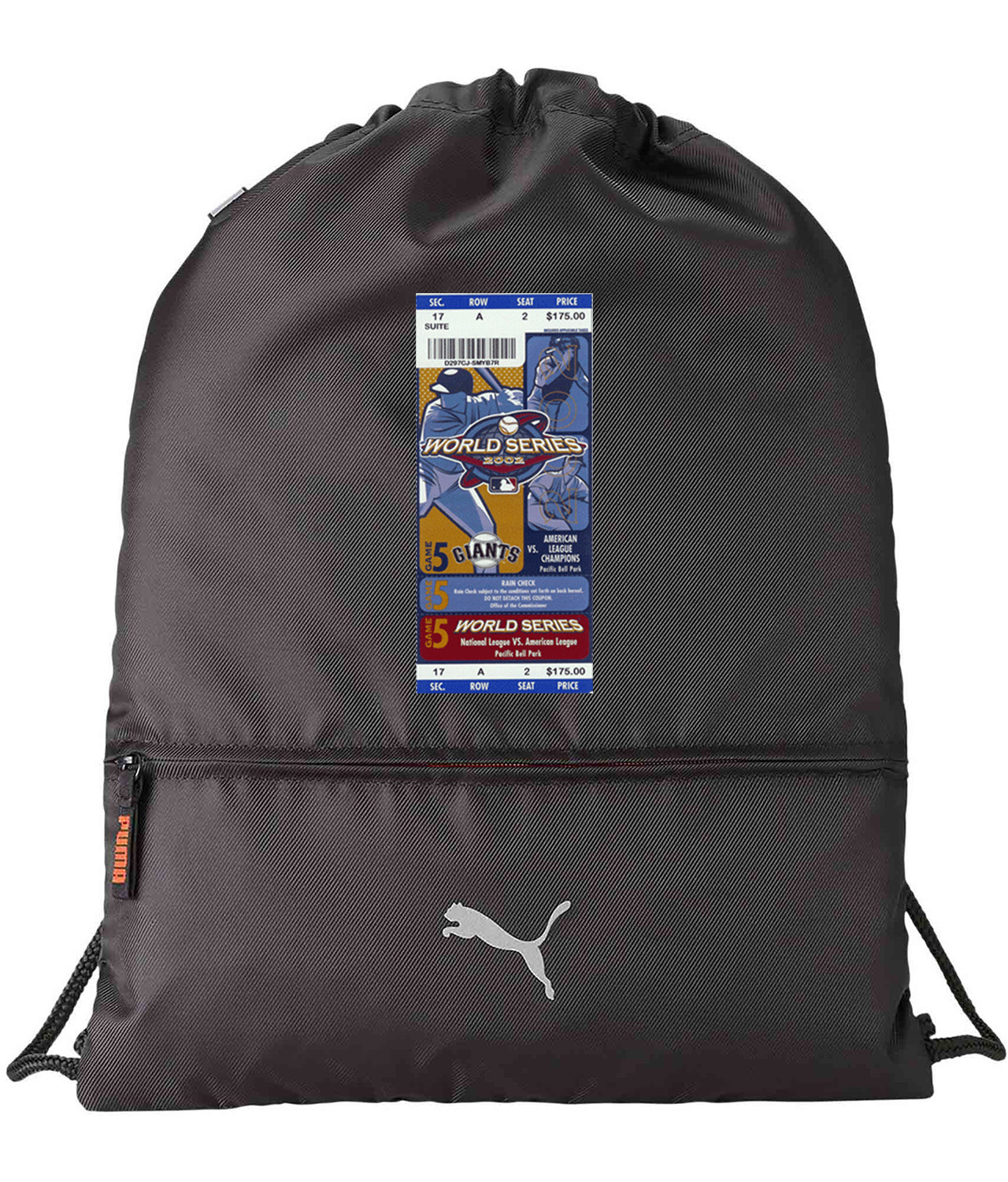 2002 MLB World Series Ticket Stub Game 5 - Anaheim Angels At San Francisco Giants Baseball Logo Custom Design on Lightweight Drawstring Backpack Bag