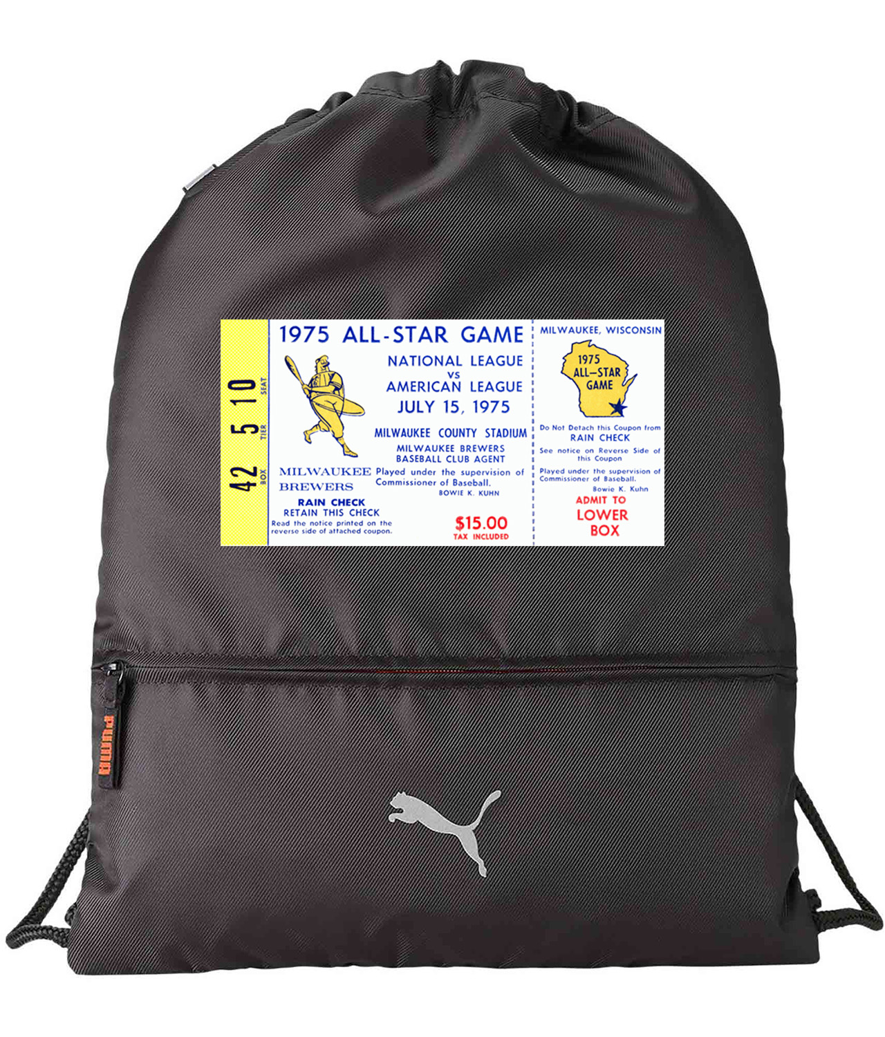 1975 MLB All-Star Game County Stadium Milwaukee WI Baseball Logo Symbol Emblem Customized Design on Lightweight Drawstring Backpack Bag