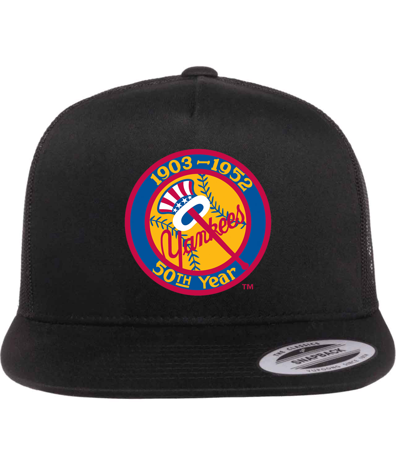 50th Anniversary Of The New York Yankees Patch Baseball Logo Symbol Emblem Customized Design on Classic Trucker Cap Hat