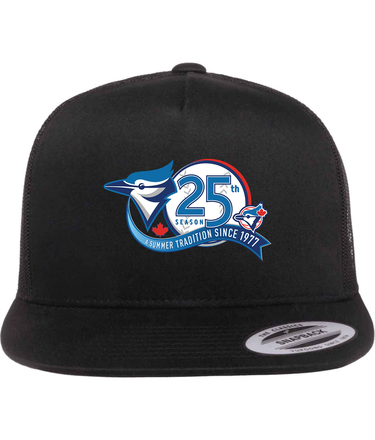 Toronto Blue Jays 25th Season - A Summer Tradition Since 77 Baseball Logo Symbol Emblem Customized Design on Classic Trucker Cap Hat