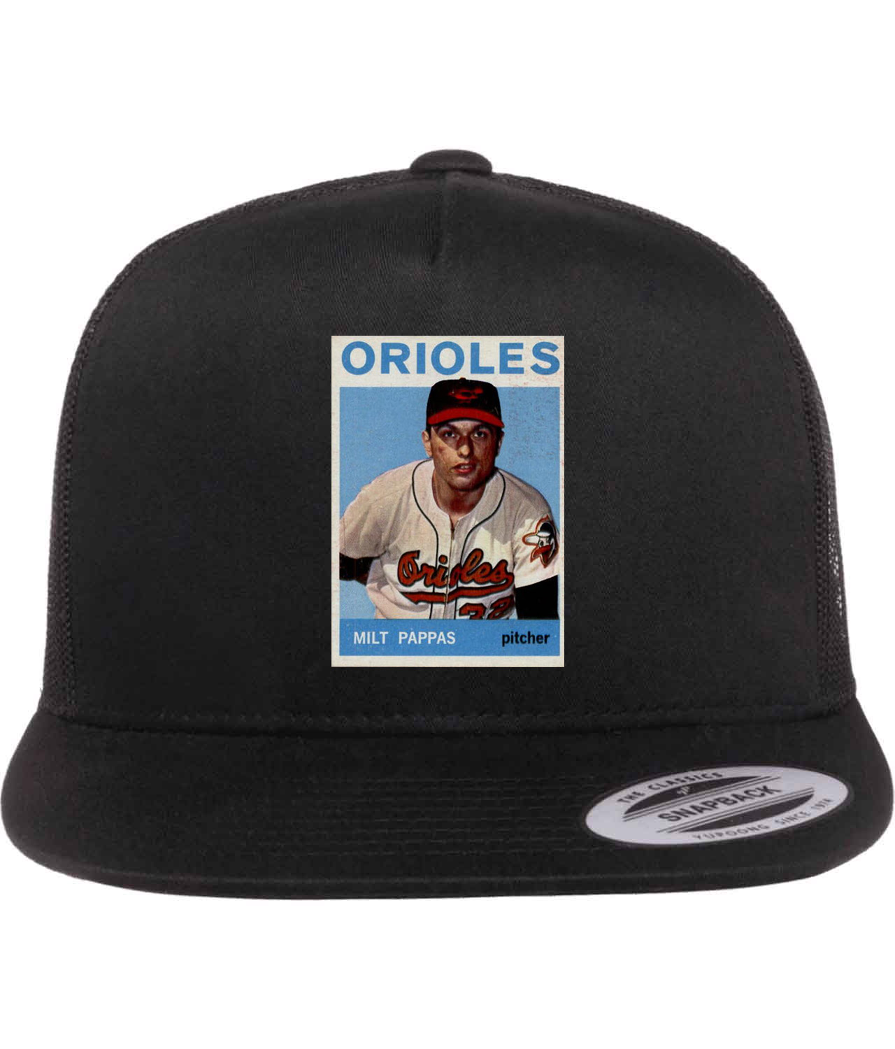 1964 Baltimore Orioles Milt Pappas Pitcher Photo Baseball Logo Symbol Emblem Customized Design on Classic Trucker Cap Hat