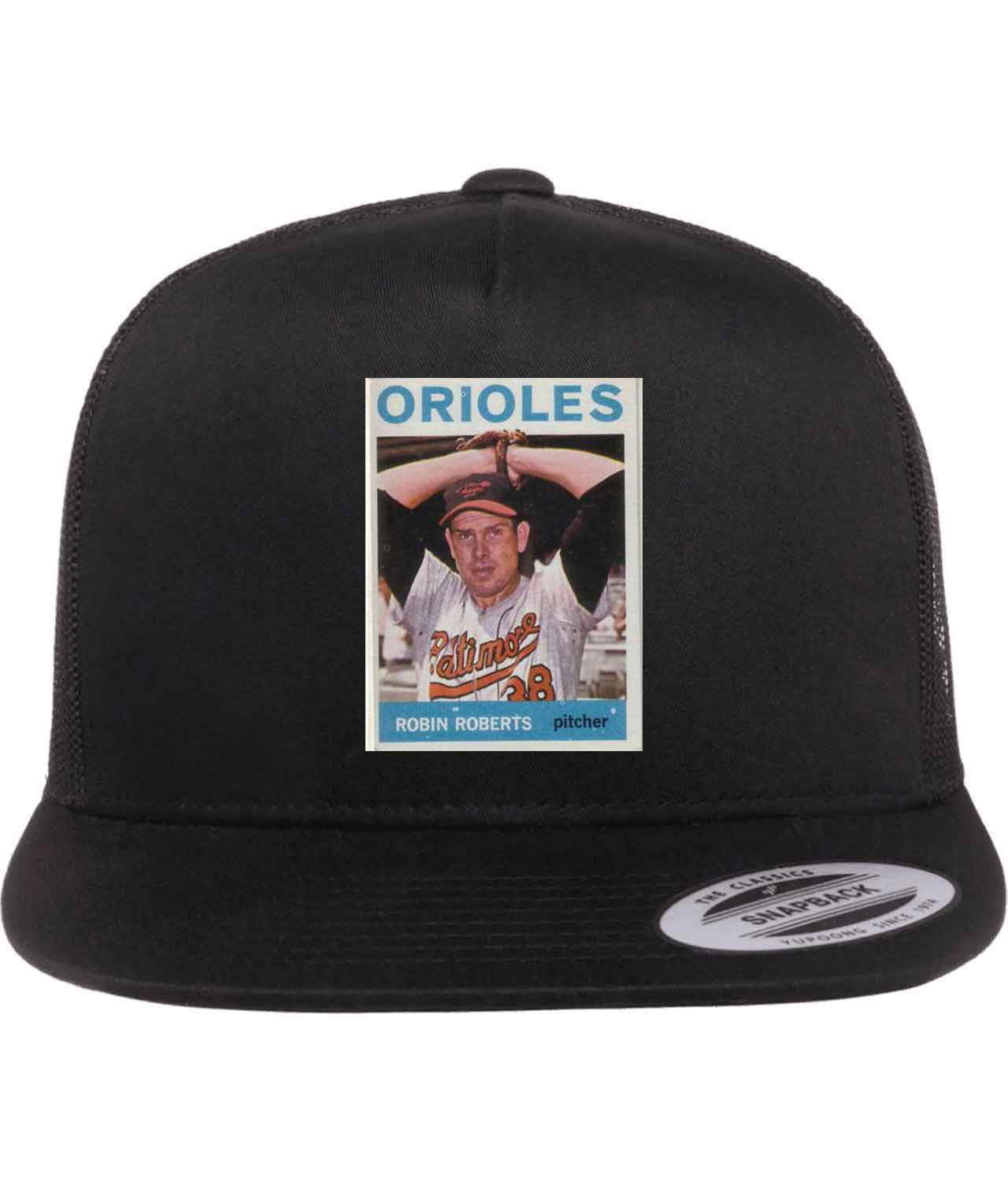 1964 Baltimore Orioles Robin Roberts Photo Baseball Logo Symbol Emblem Customized Design on Classic Trucker Cap Hat