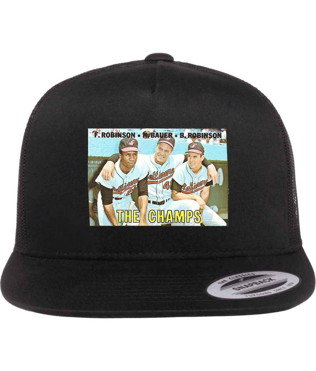 1967 the Champs F. Robinson, H. Bauer, B. Robinson Baltimore Orioles Photo Baseball Logo Symbol Emblem Customized Design on Classic Trucker Cap Hat
