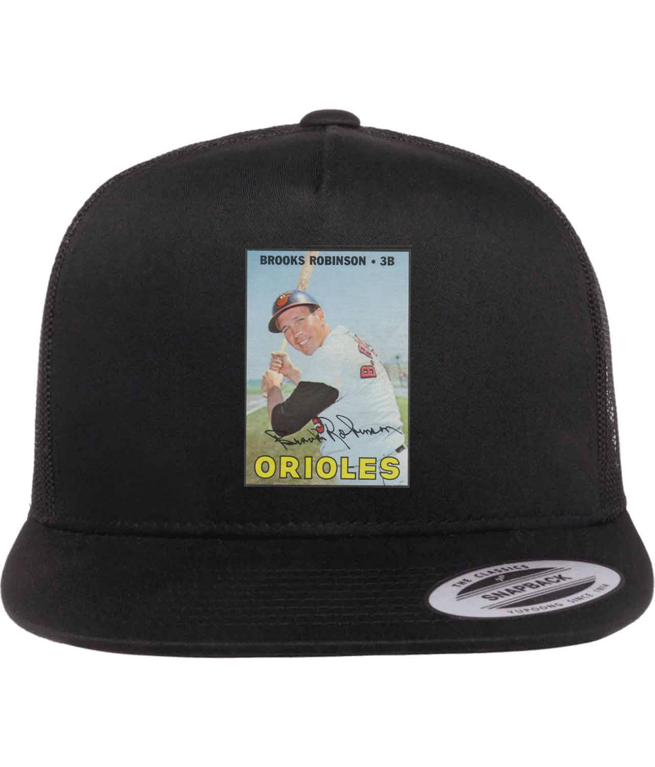 1967 Baltimore Orioles Brooks Robinson Photo Baseball Logo Symbol Emblem Customized Design on Classic Trucker Cap Hat