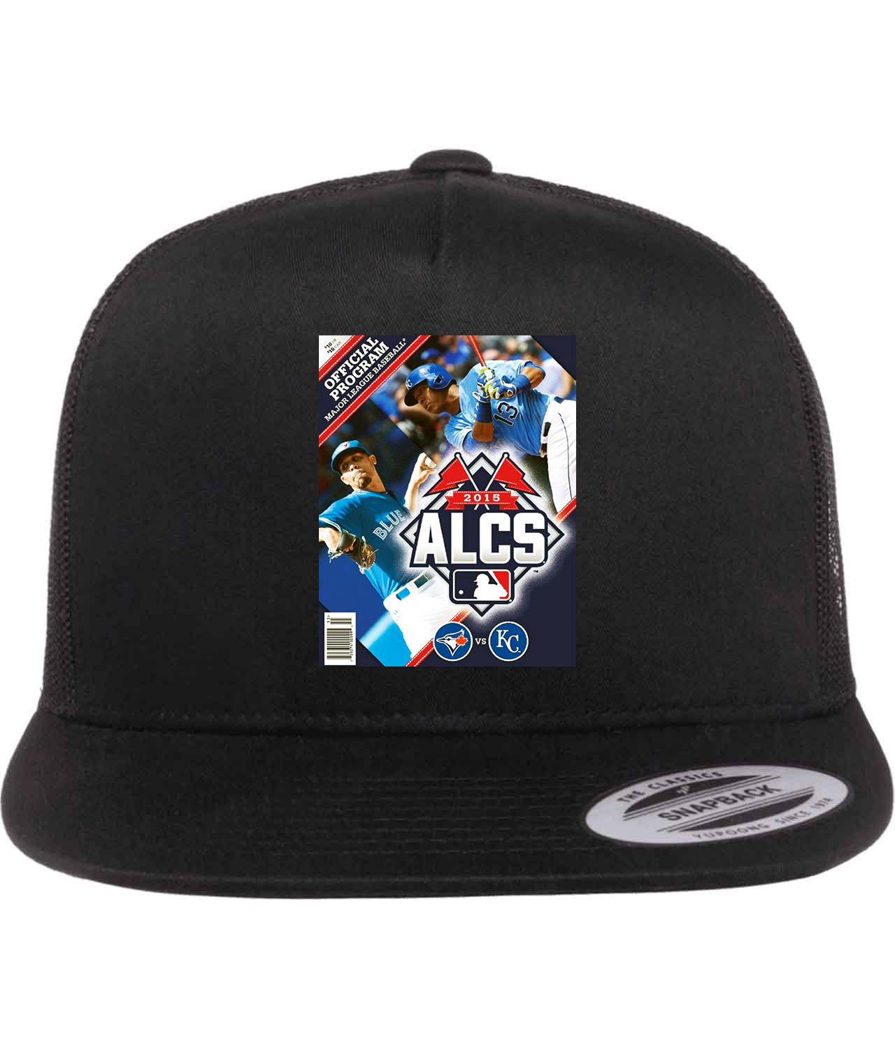 2015 ALCS Program Cover - Kansas City Royals Vs Toronto Blue Jays Baseball Logo Symbol Emblem Customized Design on Classic Trucker Cap Hat