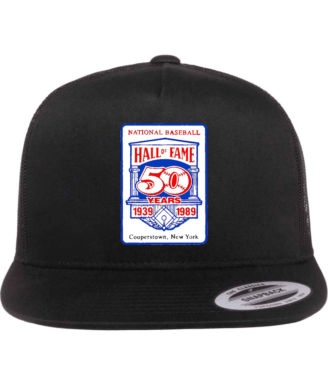Major League Baseball 50th Anniversary Of The Baseball Hall Of Fame Logo Emblem Customized Design on Classic Trucker Cap Hat