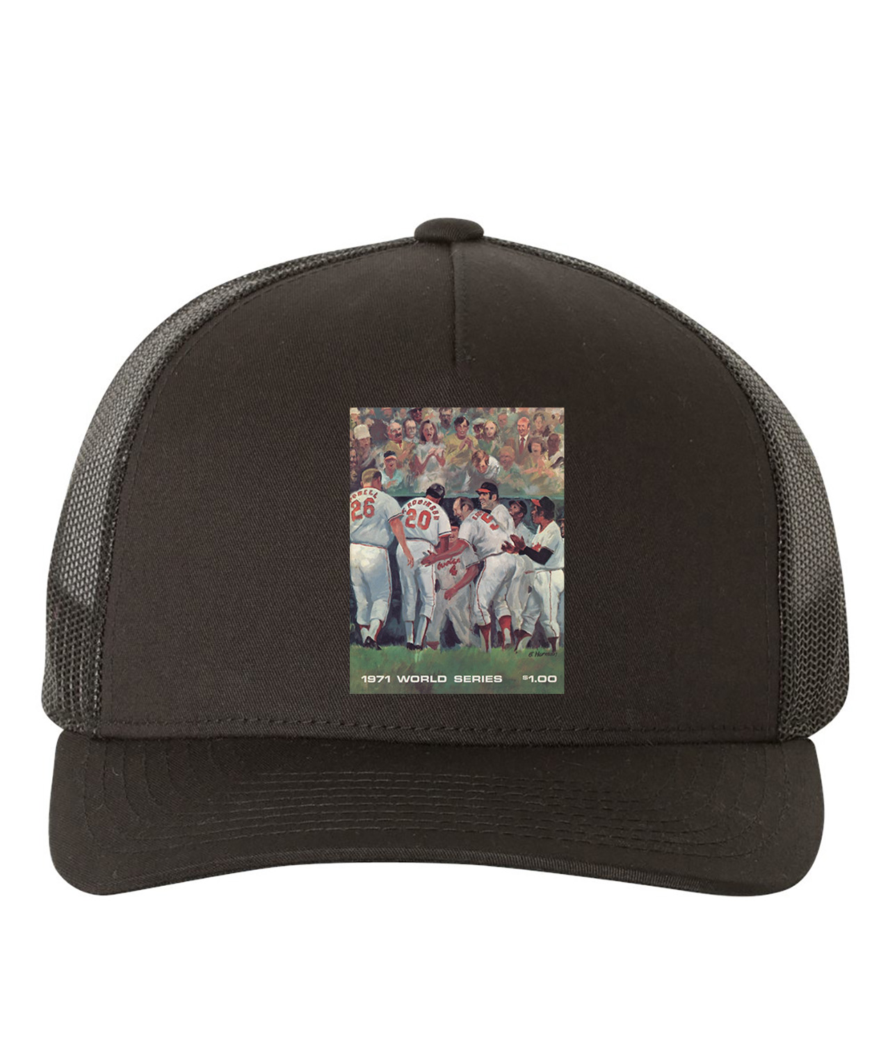 1971 World Series Program - Baltimore Orioles Baseball Logo Symbol Emblem Customized Design on Retro Trucker Cap Hat