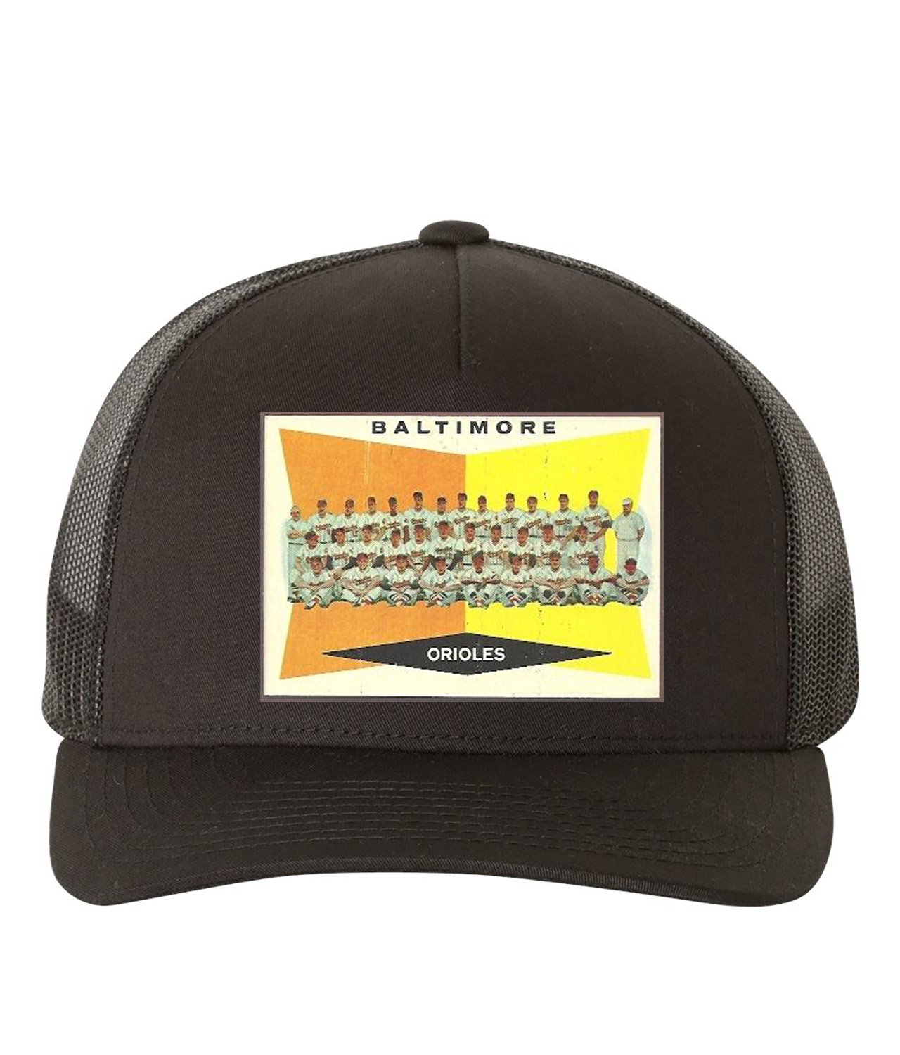 1959 Season Baltimore Orioles Photo Baseball Logo Symbol Emblem Customized Design on Retro Trucker Cap Hat