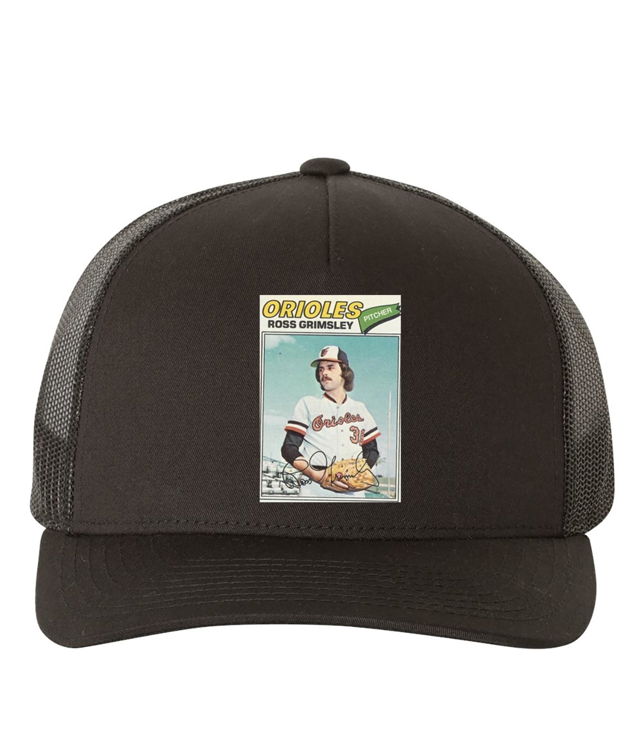 1977 Baltimore Orioles Ross Grimsley Pitcher Photo Baseball Logo Symbol Emblem Customized Design on Retro Trucker Cap Hat