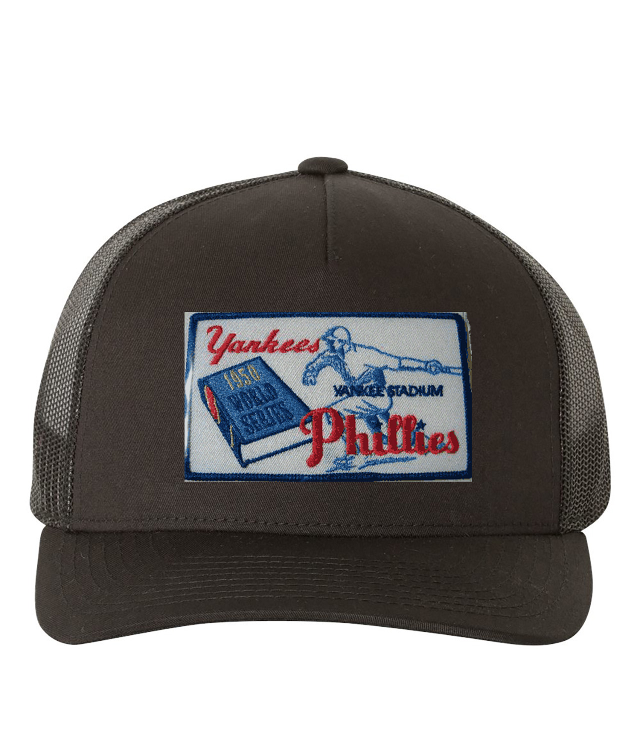 1950 MLB World Series Patch New York Yankees vs Philadelphia Phillies Baseball Logo Symbol Emblem Customized Design on Retro Trucker Cap Hat