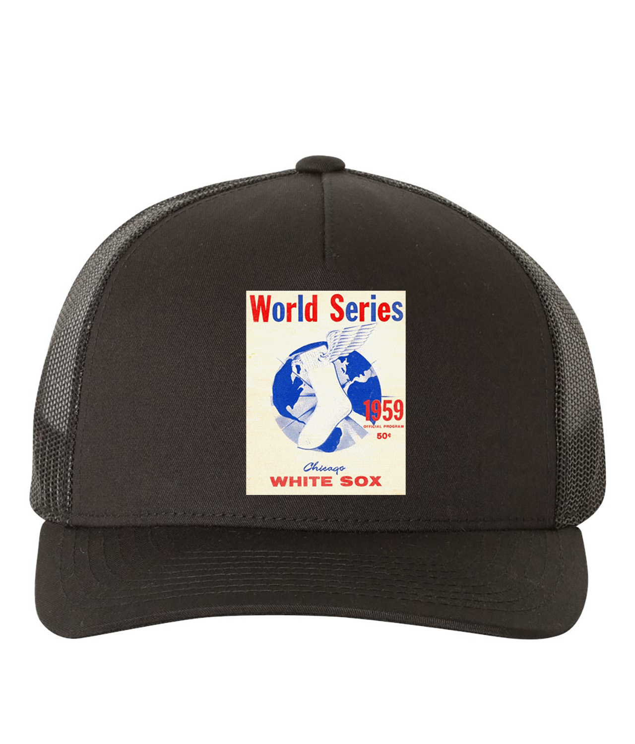 MLB World Series Program 1959 Chicago White Sox vs. Los Angeles Dodgers Baseball Logo Symbol Emblem Customized Design on Retro Trucker Cap Hat