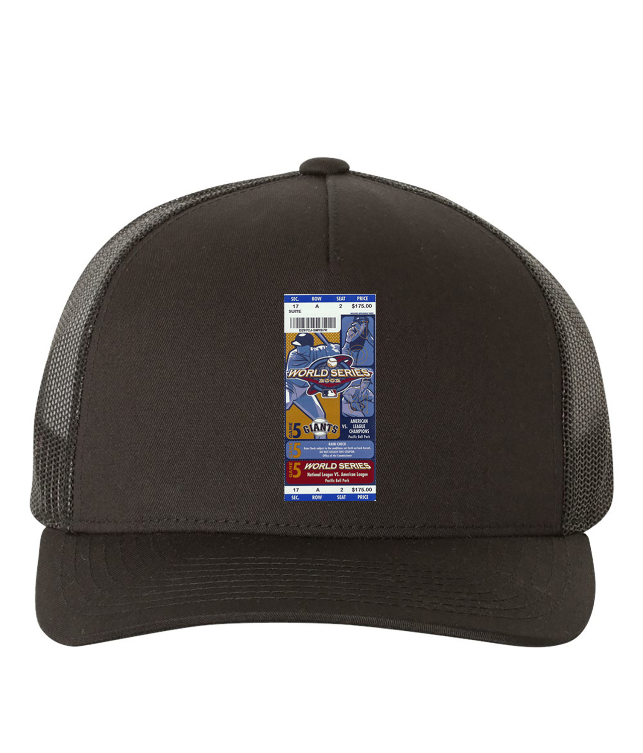 2002 MLB World Series Ticket Stub Game 5 - Anaheim Angels At San Francisco Giants Baseball Logo Emblem Customized Design on Retro Trucker Cap Hat