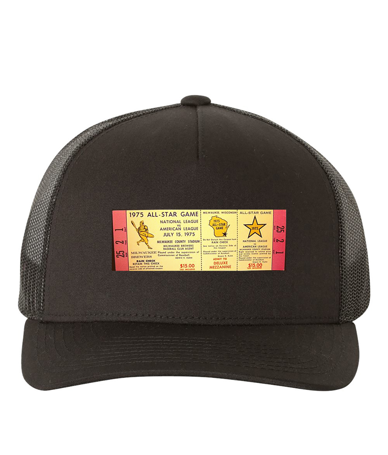 1975 MLB All-Star Game Ticket Stub Baseball Logo Symbol Emblem Customized Design on Retro Trucker Cap Hat