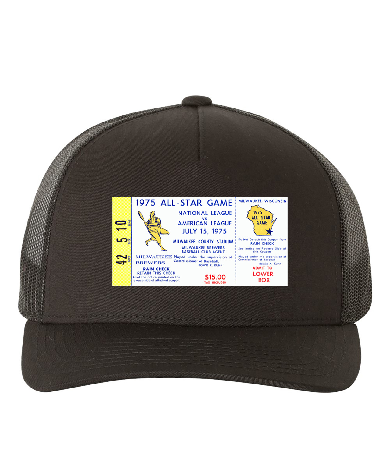 1975 MLB All-Star Game County Stadium Milwaukee WI Baseball Logo Symbol Emblem Customized Design on Retro Trucker Cap Hat