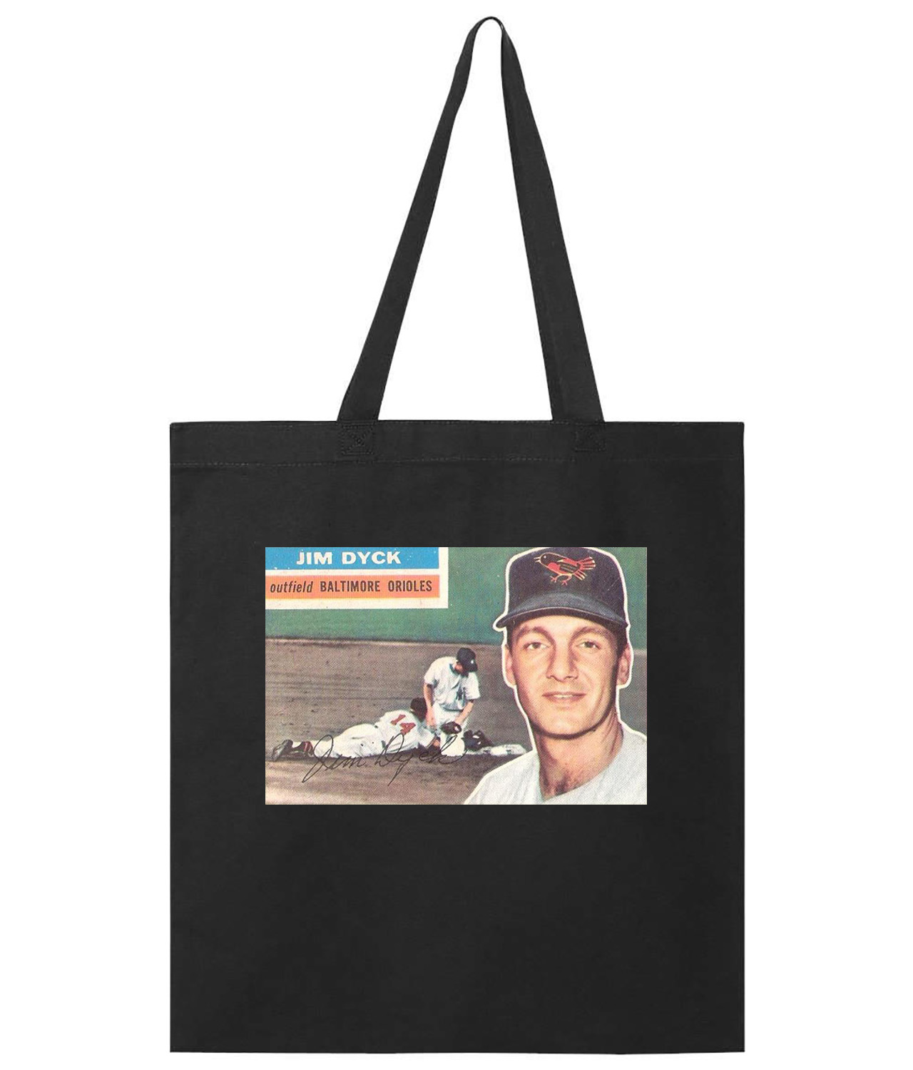 1956 Baltimore Orioles Jim Dyck Outfield Photo Baseball Logo Symbol Emblem Customized Design on Promotional Tote Bag