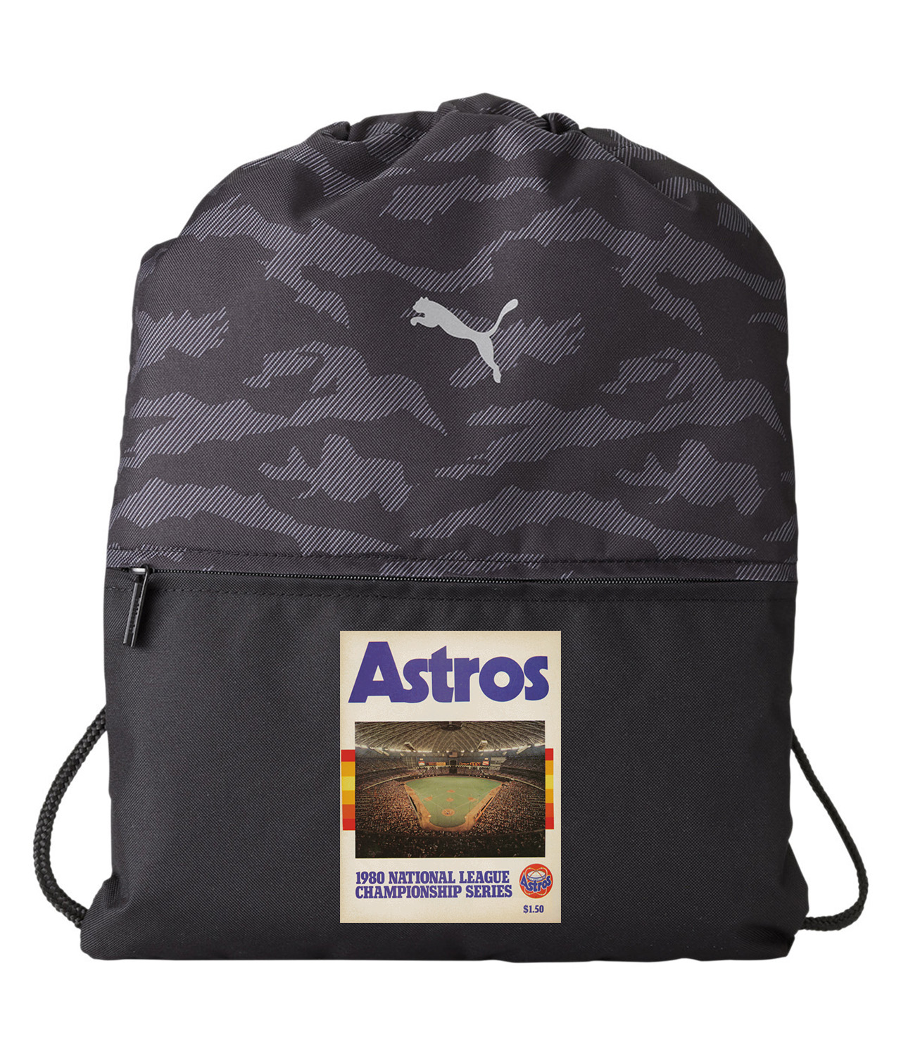 1980 NLCS Program - Houston Astros vs Philadelphia Phillies Baseball Logo Symbol Emblem Customized Design on Camo Drawstring Backpack Bag