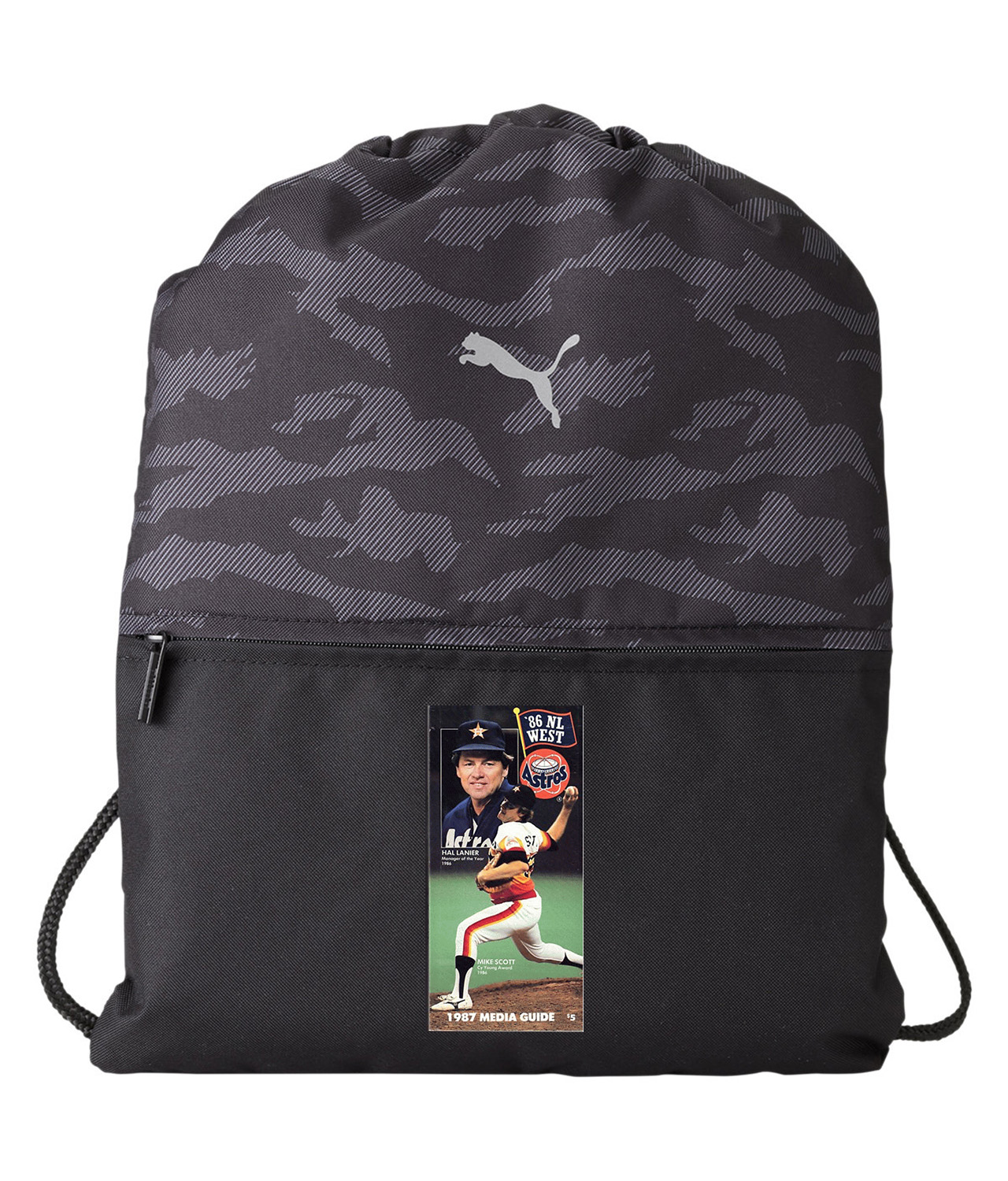 1987 Houston Astros Media Guide, Mike Scott and Hal Lanier National League (NL) Baseball Logo Customized Design on Camo Drawstring Backpack Bag