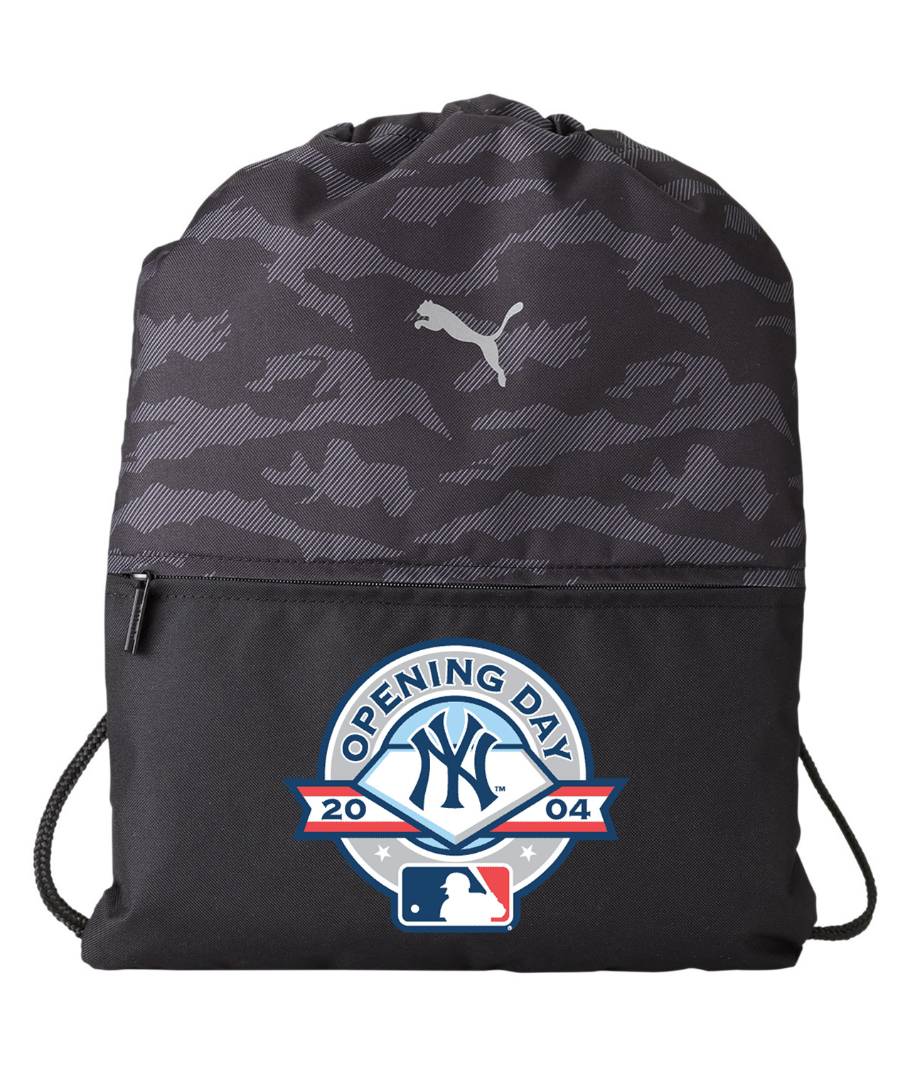 New York Yankees 2004 Opening Day Baseball Logo Symbol Emblem Customized Design on Camo Drawstring Backpack Bag