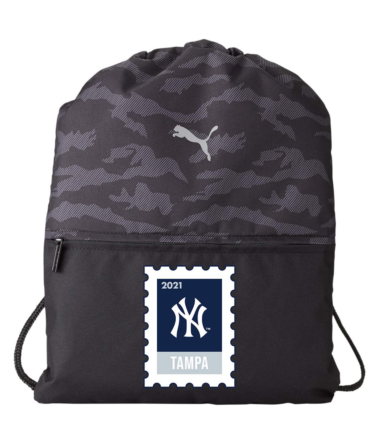The New York Yankees 2021 Spring Training Baseball Logo Symbol Emblem Customized Design on Camo Drawstring Backpack Bag