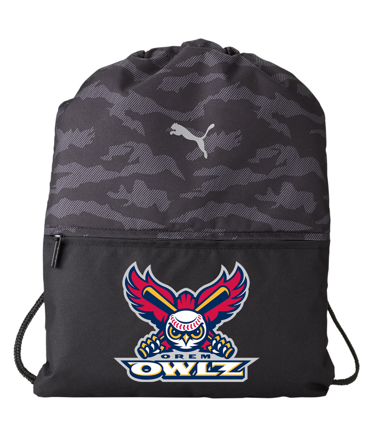 Orem Owlz Baseball Logo Symbol Emblem Customized Design on Camo Drawstring Backpack Bag