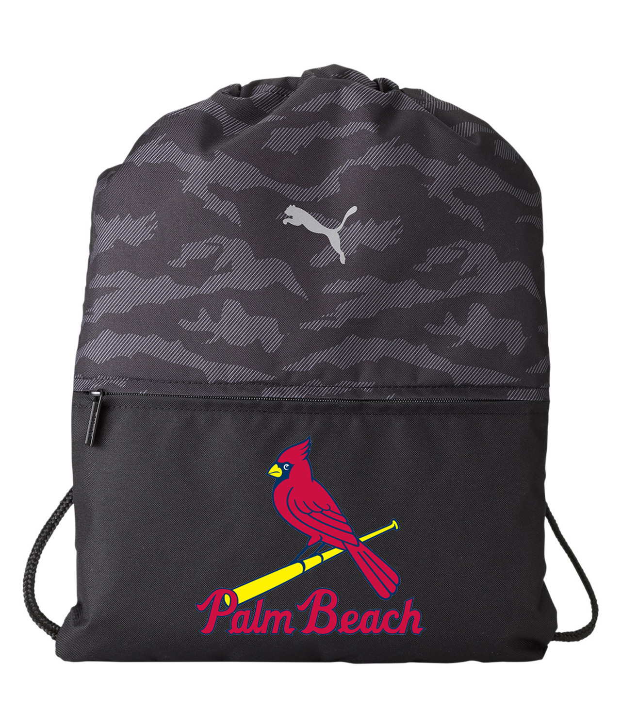 Palm Beach Cardinals Baseball Logo Symbol Emblem Customized Design on Camo Drawstring Backpack Bag