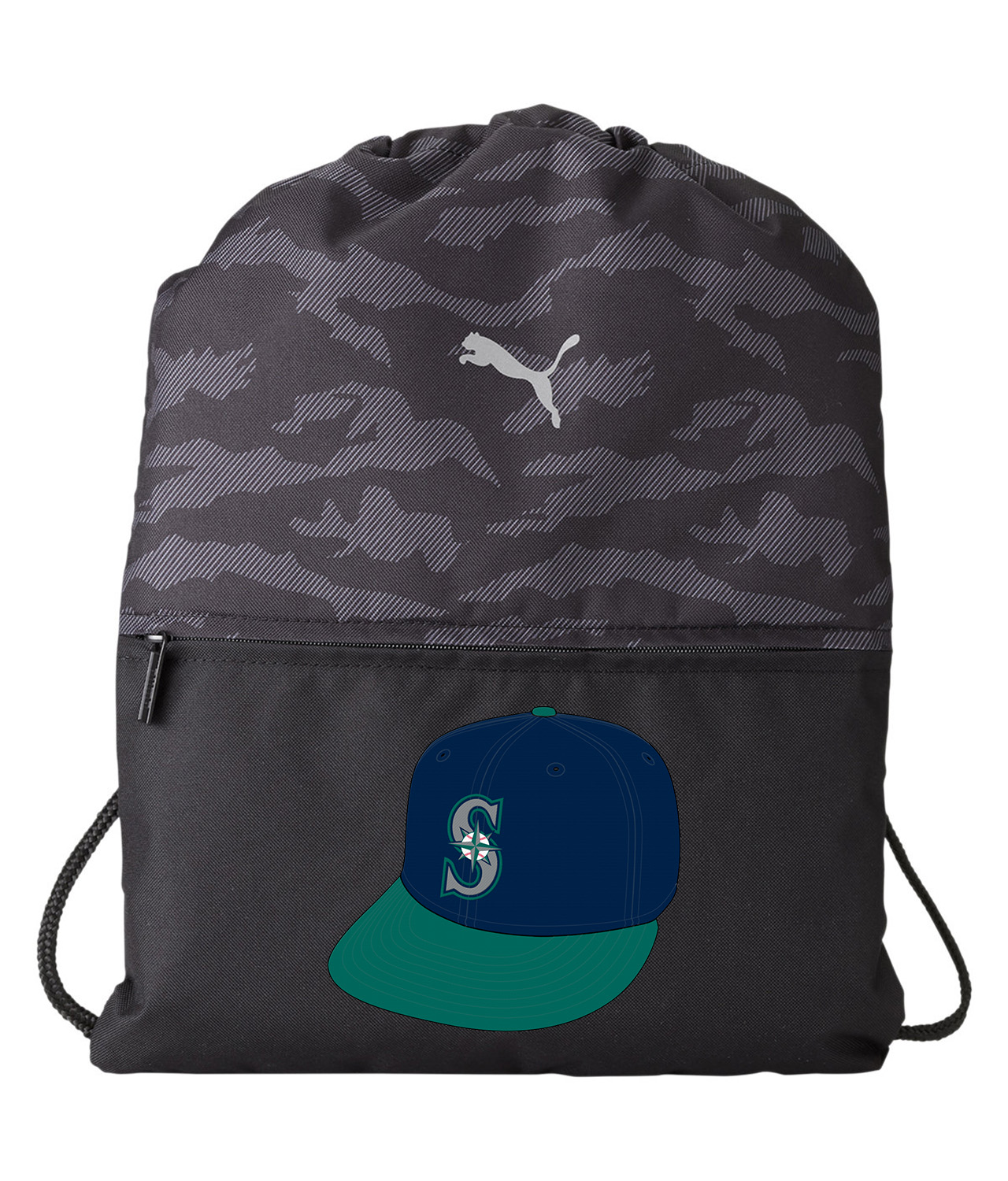 Seattle Mariners Cap 1993-2003 Baseball Logo Symbol Emblem Customized Design on Camo Drawstring Backpack Bag