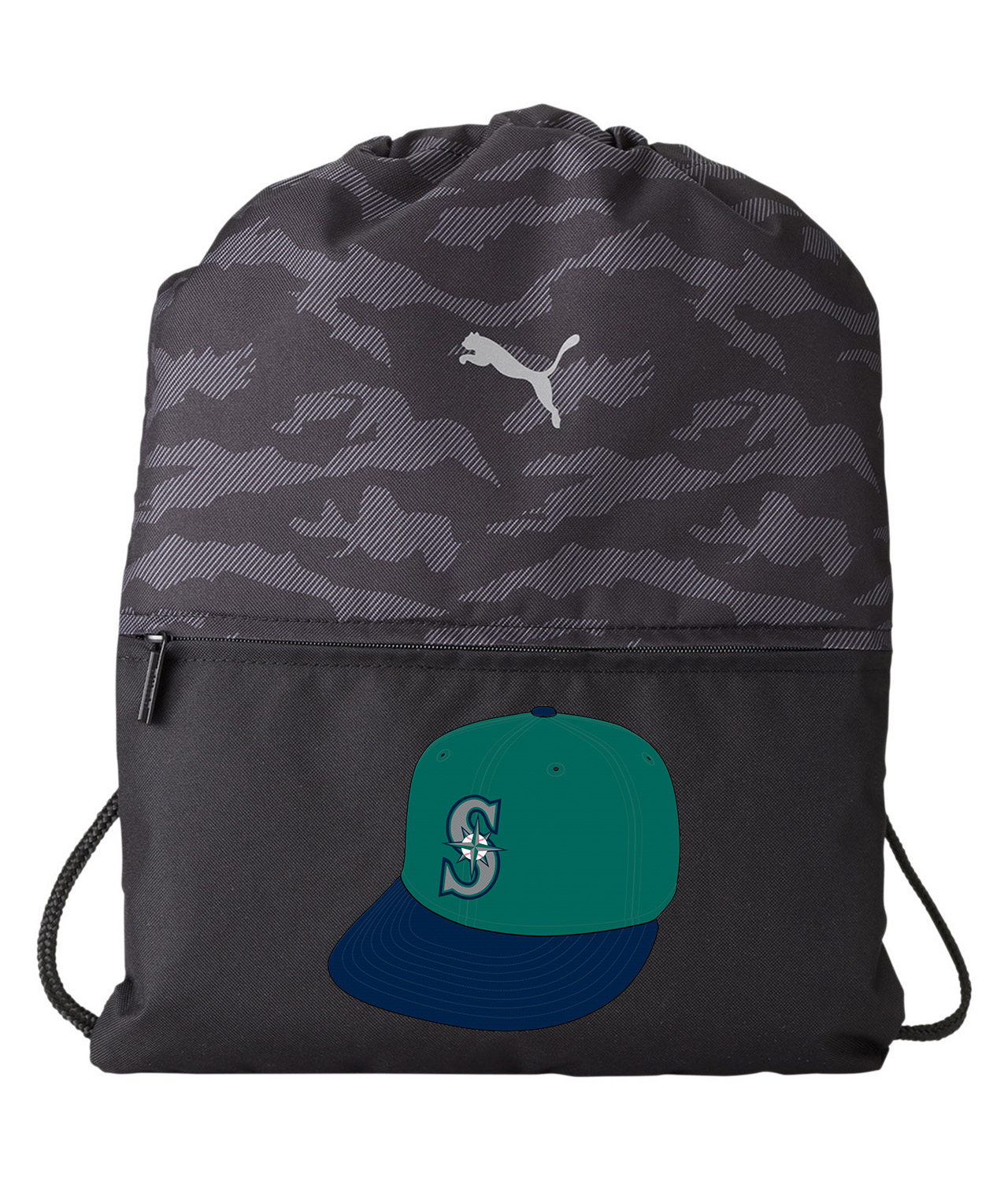 Seattle Mariners Cap 1994 Baseball Logo Symbol Emblem Customized Design on Camo Drawstring Backpack Bag
