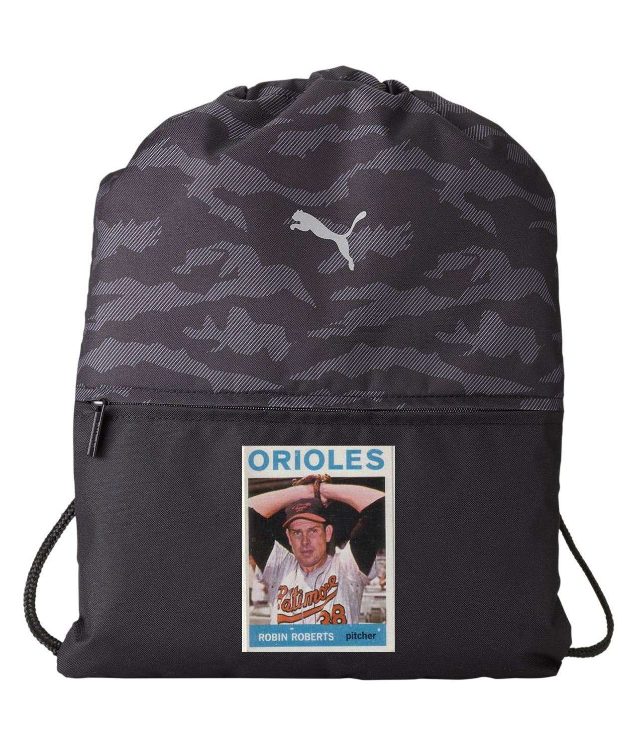 1964 Baltimore Orioles Robin Roberts Photo Baseball Logo Symbol Emblem Customized Design on Camo Drawstring Backpack Bag
