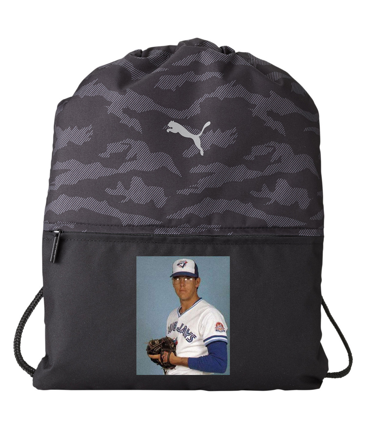 1984 Tom Henke Toronto Blue Jays Photo Baseball Logo Symbol Emblem Customized Design on Camo Drawstring Backpack Bag