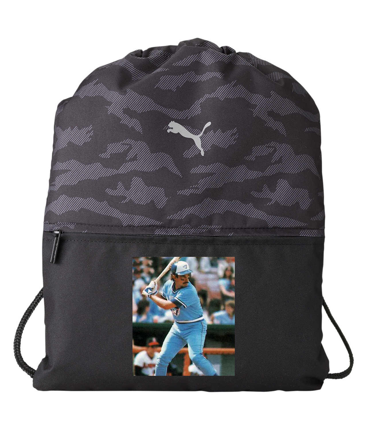 1984 Buck Martinez Toronto Blue Jays Photo Baseball Logo Symbol Emblem Customized Design on Camo Drawstring Backpack Bag - Image 1