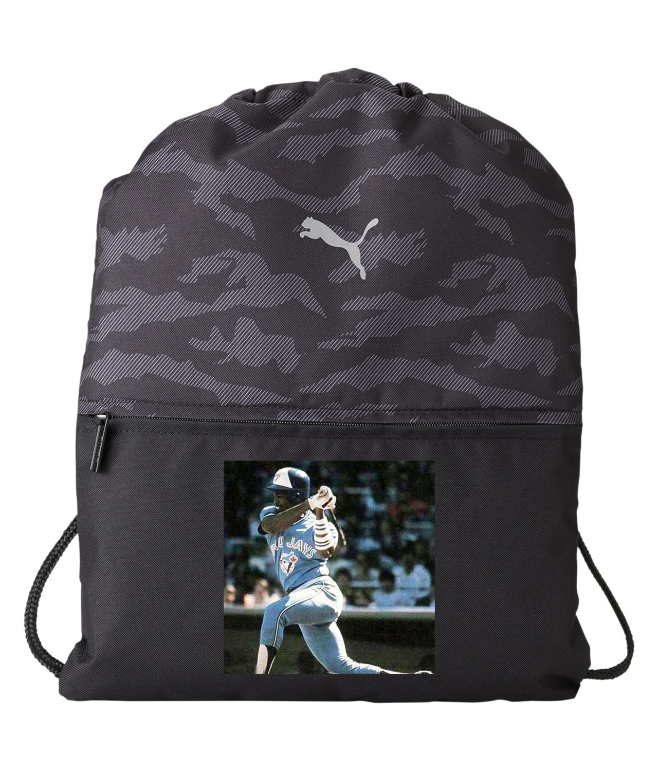 1985 George Bell Toronto Blue Jays Photo Baseball Logo Symbol Emblem Customized Design on Camo Drawstring Backpack Bag