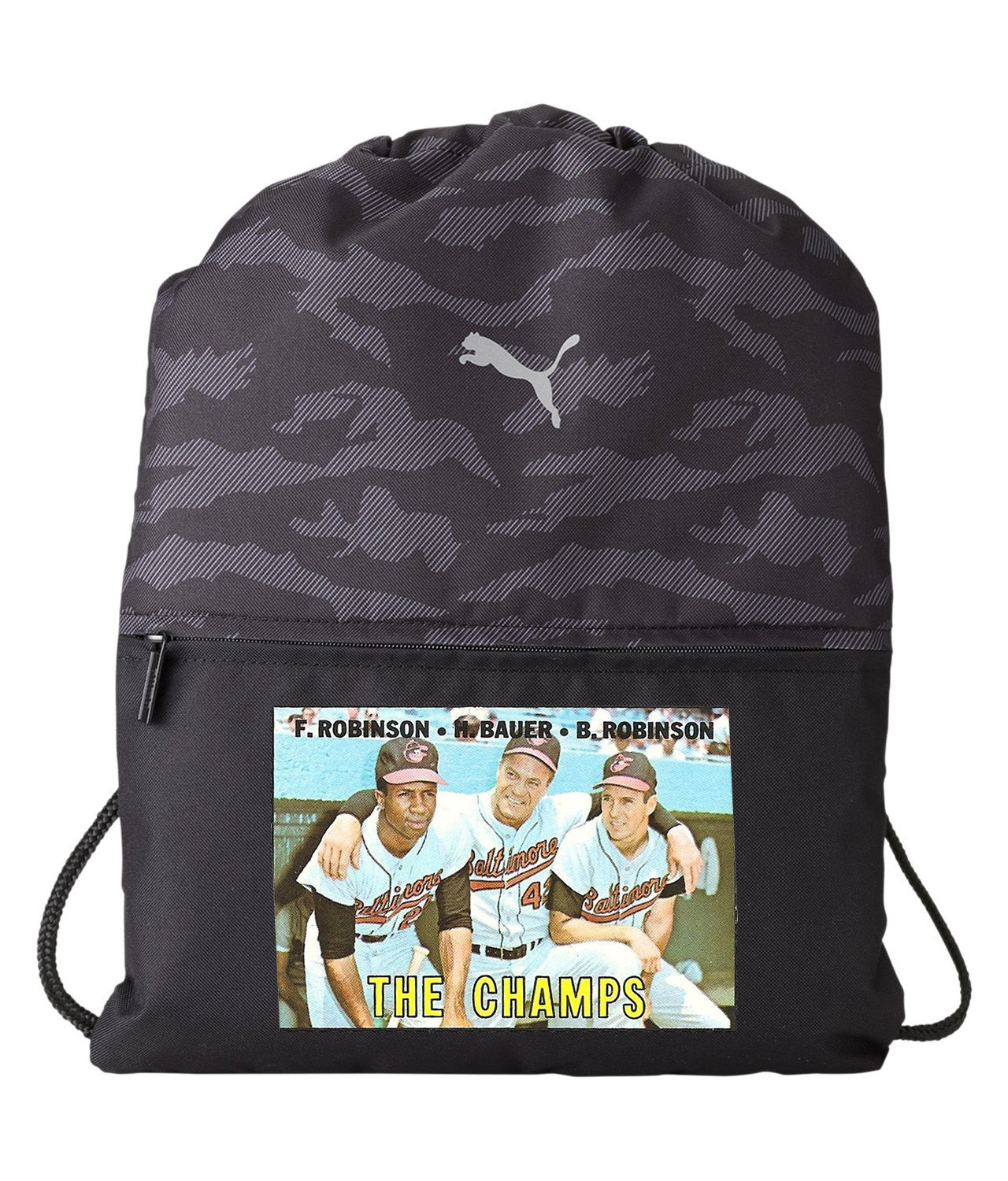 1967 the Champs F. Robinson, H. Bauer, B. Robinson Baltimore Orioles Photo Baseball Logo Emblem Customized Design on Camo Drawstring Backpack Bag