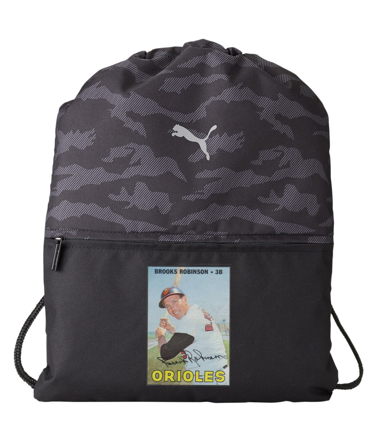 1967 Baltimore Orioles Brooks Robinson Photo Baseball Logo Symbol Emblem Customized Design on Camo Drawstring Backpack Bag