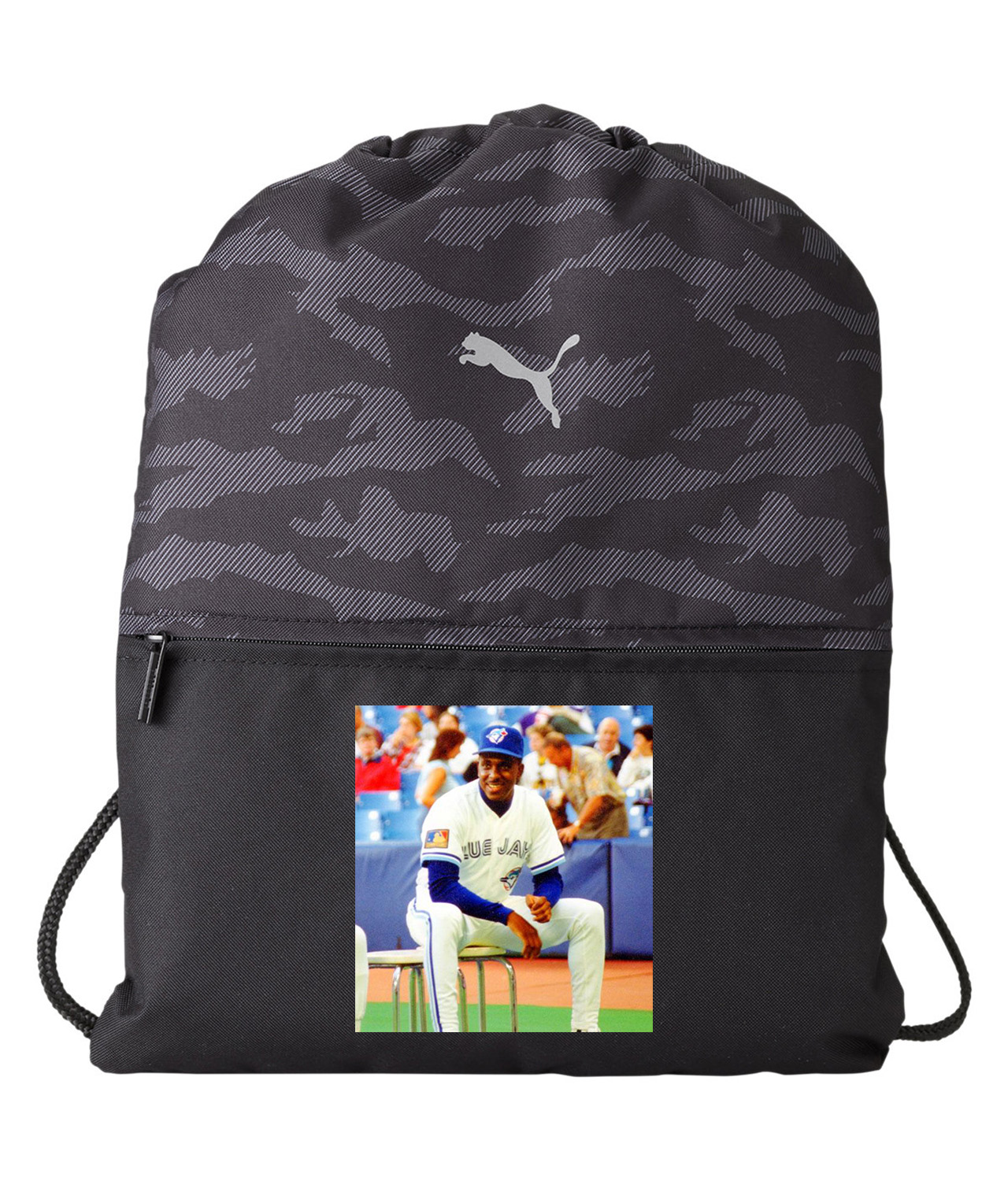 1994 Juan Guzman Toronto Blue Jays Photo Baseball Logo Symbol Emblem Customized Design on Camo Drawstring Backpack Bag