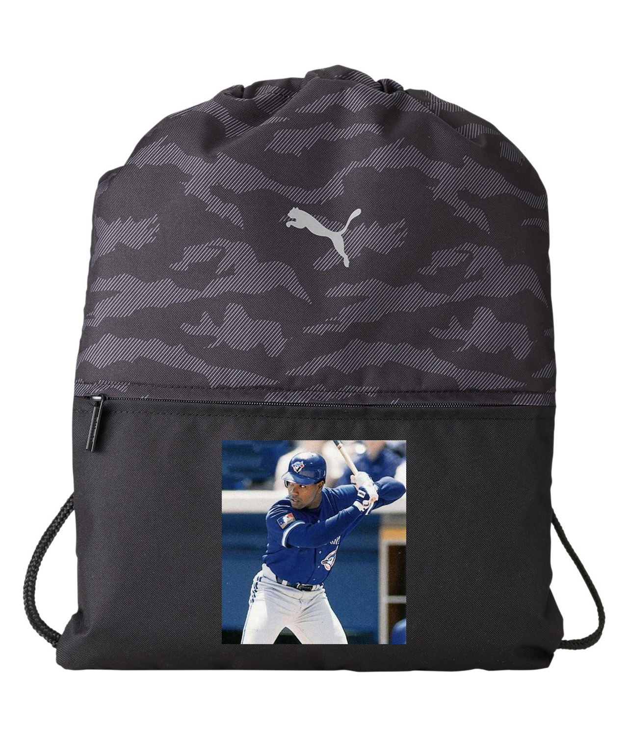 1994 Carlos Delgado Toronto Blue Jays Photo Baseball Logo Symbol Emblem Customized Design on Camo Drawstring Backpack Bag