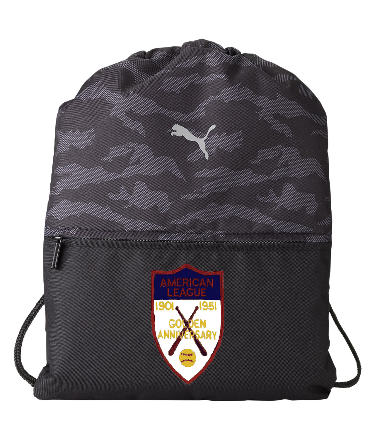50th Anniversary Of The American Baseball League Logo Symbol Emblem Customized Design on Camo Drawstring Backpack Bag