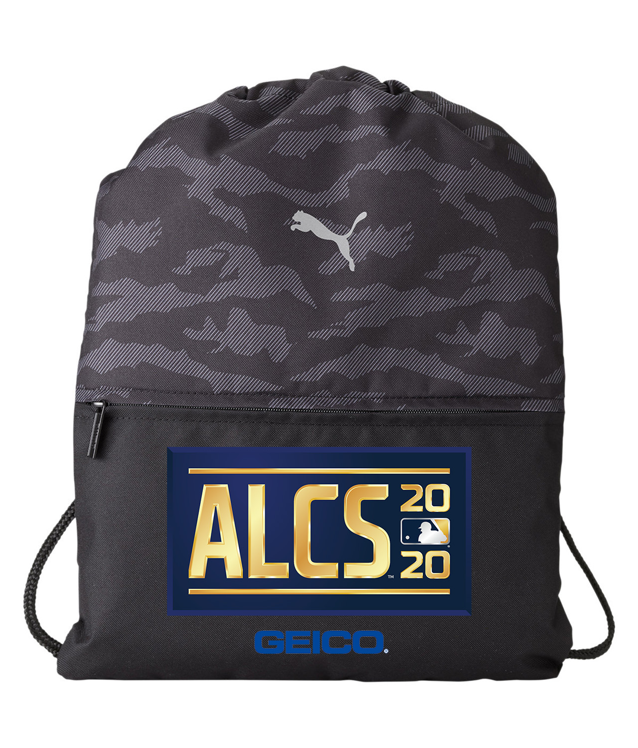 The 2020 American League Championship Series Geico Baseball Logo Symbol Emblem Customized Design on Camo Drawstring Backpack Bag