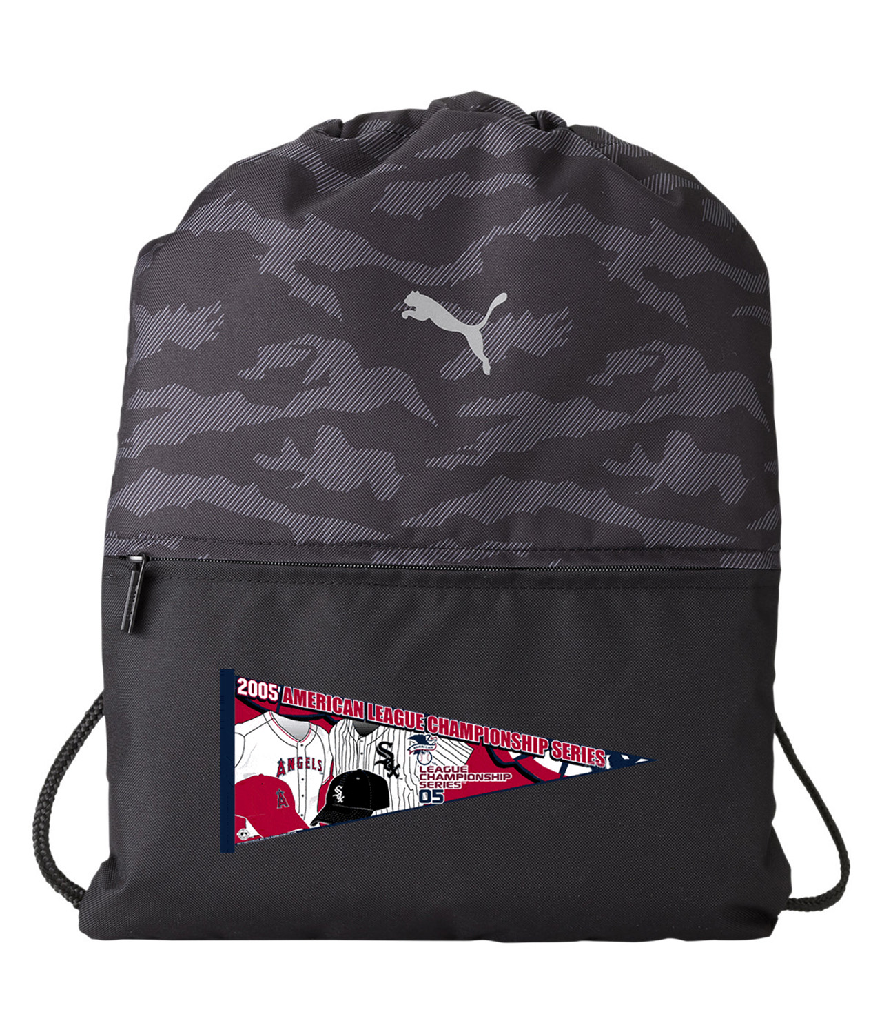 ALCS 2005 ALCS Chicago White Sox Vs. Los Angeles Angels Of Anaheim Baseball Logo Symbol Emblem Customized Design on Camo Drawstring Backpack Bag