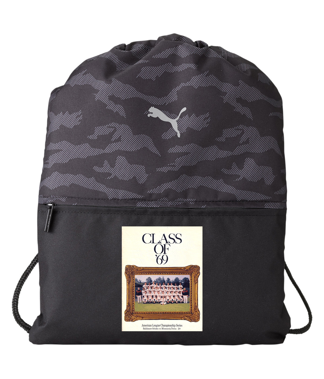 ALCS 1969 Program - Baltimore Orioles vs Minnesota Twins Baseball Logo Symbol Emblem Customized Design on Camo Drawstring Backpack Bag