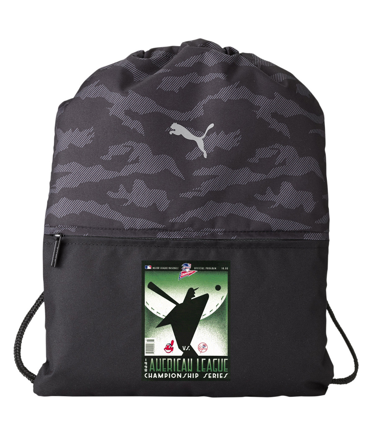 ALCS 1998 Program - New York Yankees vs Cleveland Indians Baseball Logo Symbol Emblem Customized Design on Camo Drawstring Backpack Bag