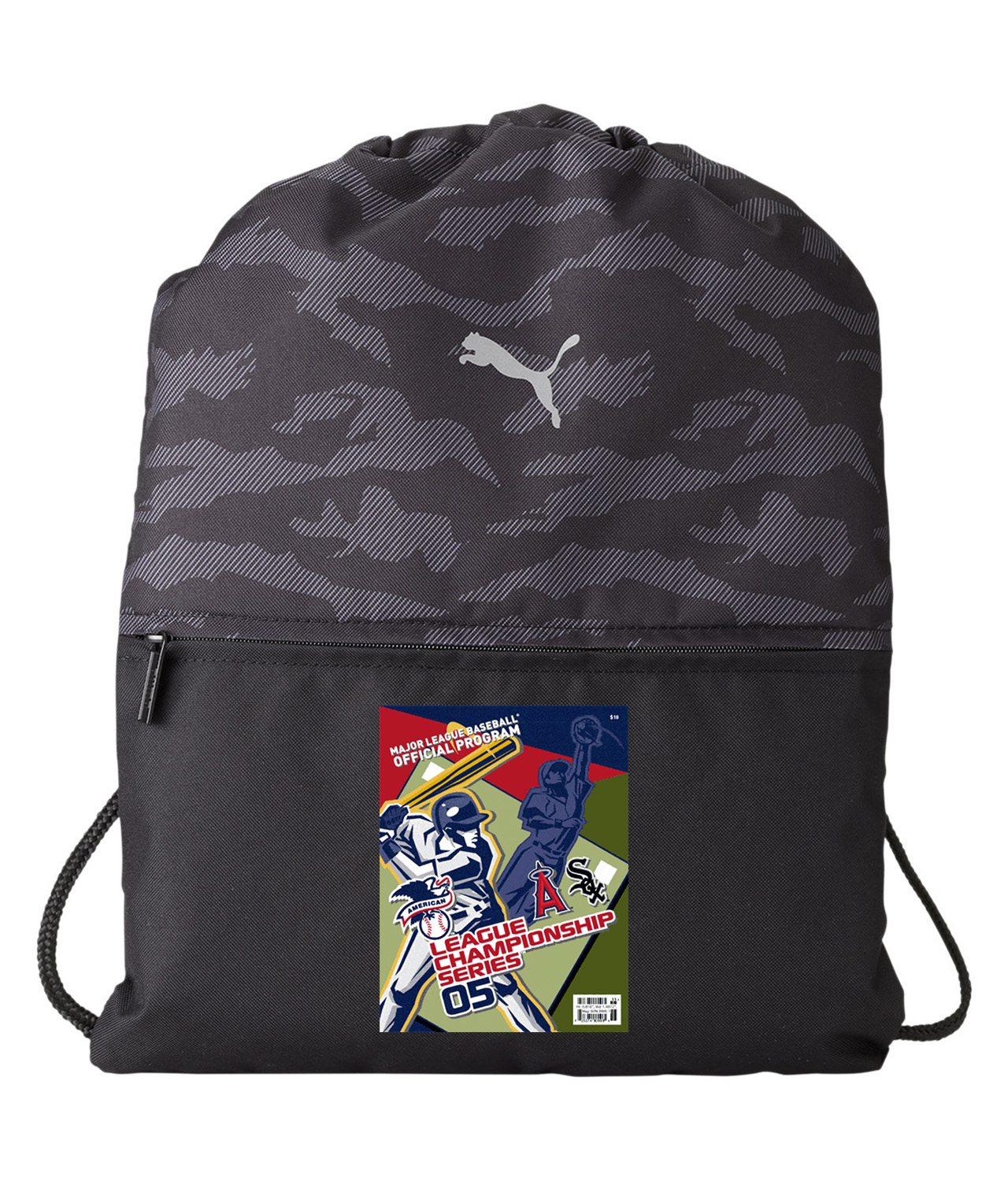 ALCS 2005 Program - Chicago White Sox vs Los Angeles Angels Baseball Logo Symbol Emblem Customized Design on Camo Drawstring Backpack Bag - Image 1