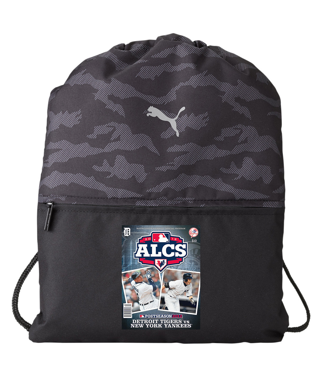 2012 ALCS Program - New York Yankees vs Detroit Tigers Baseball Logo Symbol Emblem Customized Design on Camo Drawstring Backpack Bag