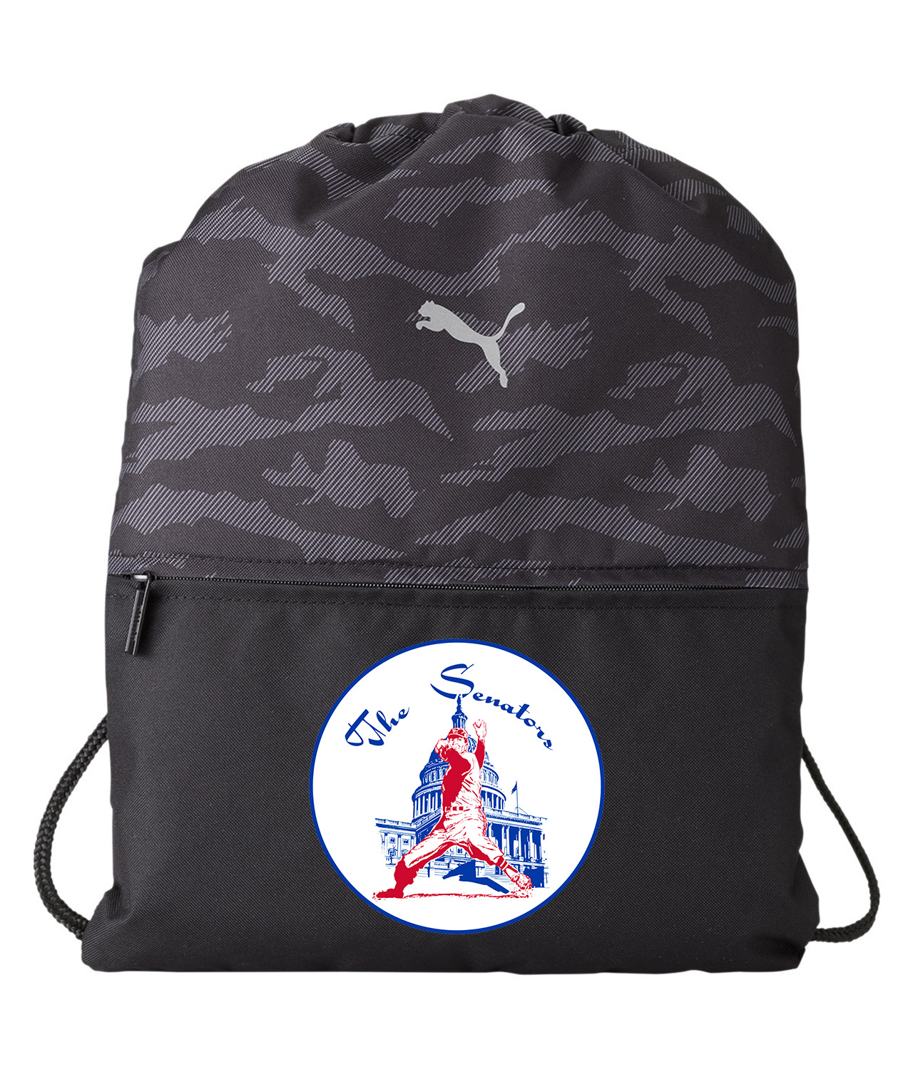 Washington Senators Primary 1961-71 Baseball Logo Symbol Emblem Customized Design on Camo Drawstring Backpack Bag