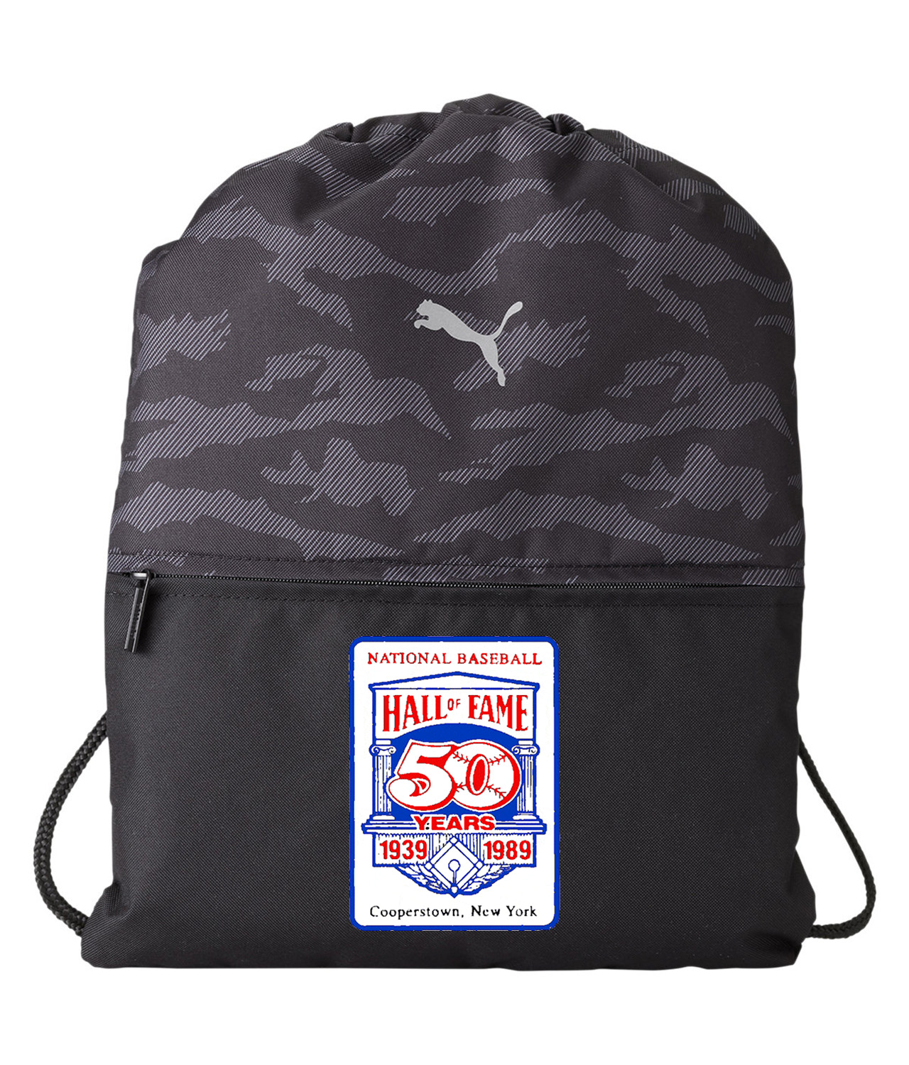 Major League Baseball 50th Anniversary Of The Baseball Hall Of Fame Logo Symbol Emblem Customized Design on Camo Drawstring Backpack Bag